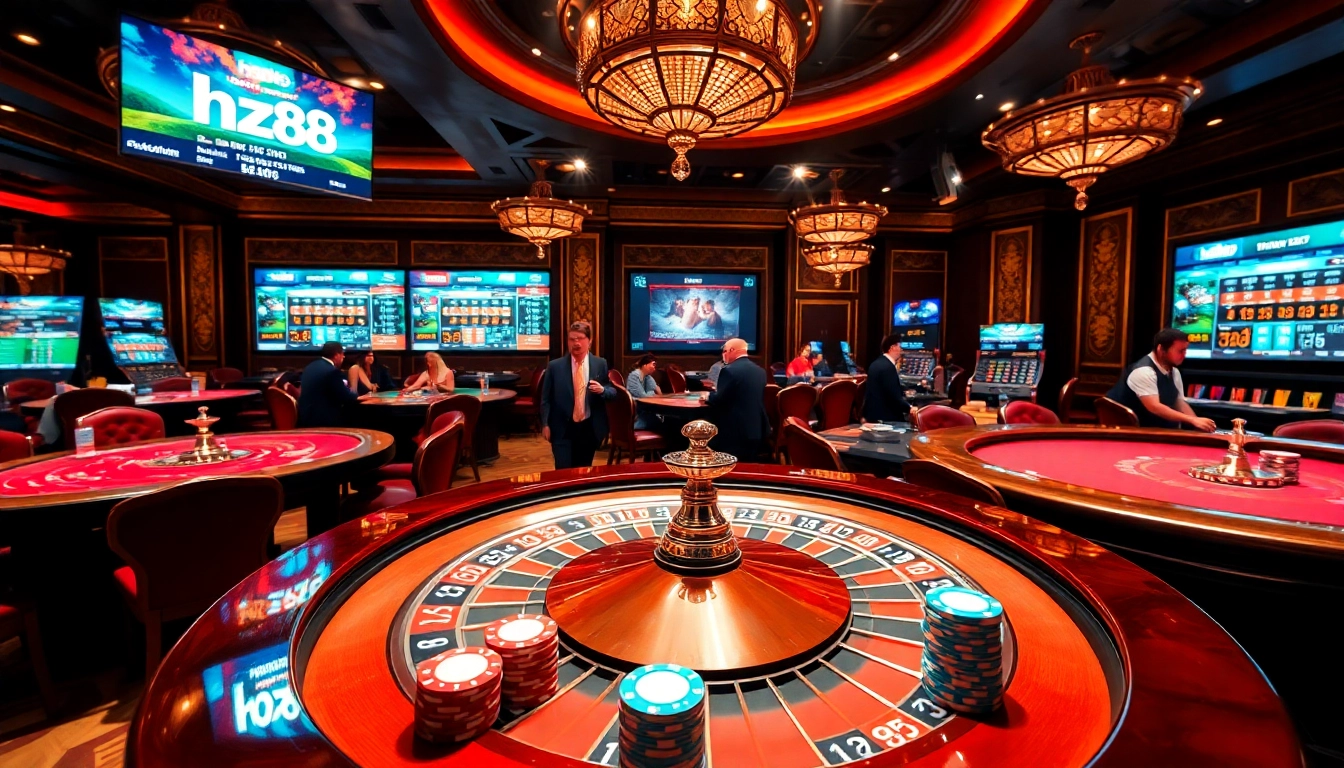 Experience the excitement of hz88 with vibrant casino visuals, featuring roulette and poker action.