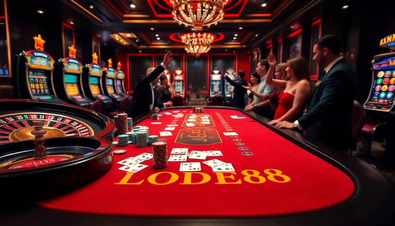 Excited players celebrate wins at the LODE88 casino table amidst vibrant poker chips and cards.