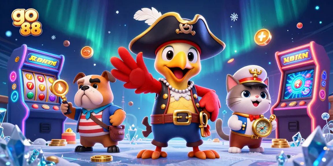 Spin the reels with go 88's animated scene featuring a pirate captain, bulldog, and cat in dynamic casino fun.
