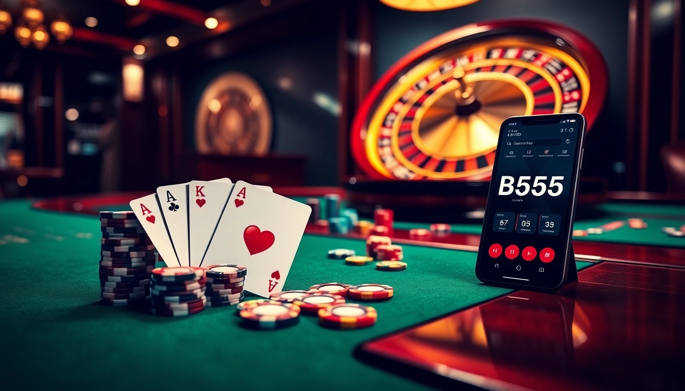 Experience the thrill of BL555 gaming with an elegant casino scene featuring poker and roulette.