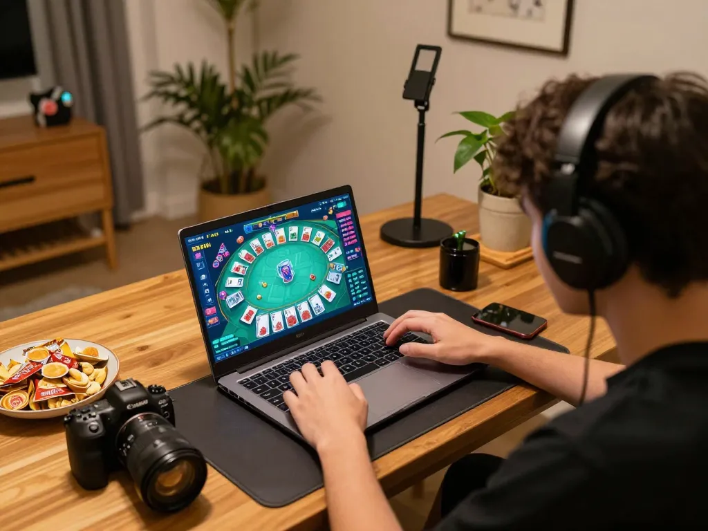 Engaging session of game đánh bài on a laptop with vibrant interface and cozy atmosphere