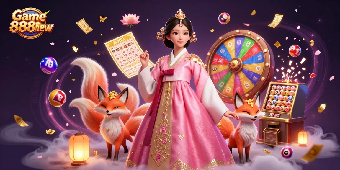 Engaging scene of Game 888new showcasing vibrant lottery elements and a captivating Asian woman.
