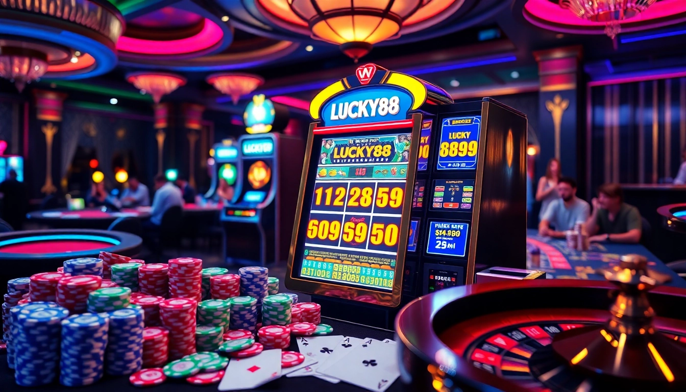 Players enjoying the excitement of LUCKY88 slot machine in a vibrant casino setting.