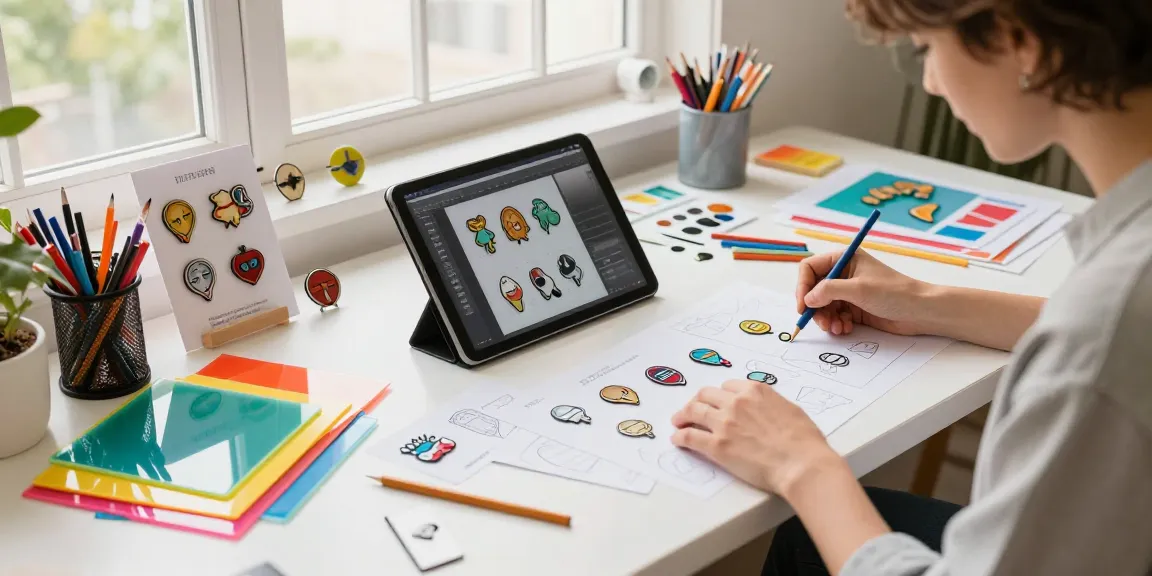 Designer creating custom acrylic pins in a colorful studio with design tools and finished examples.