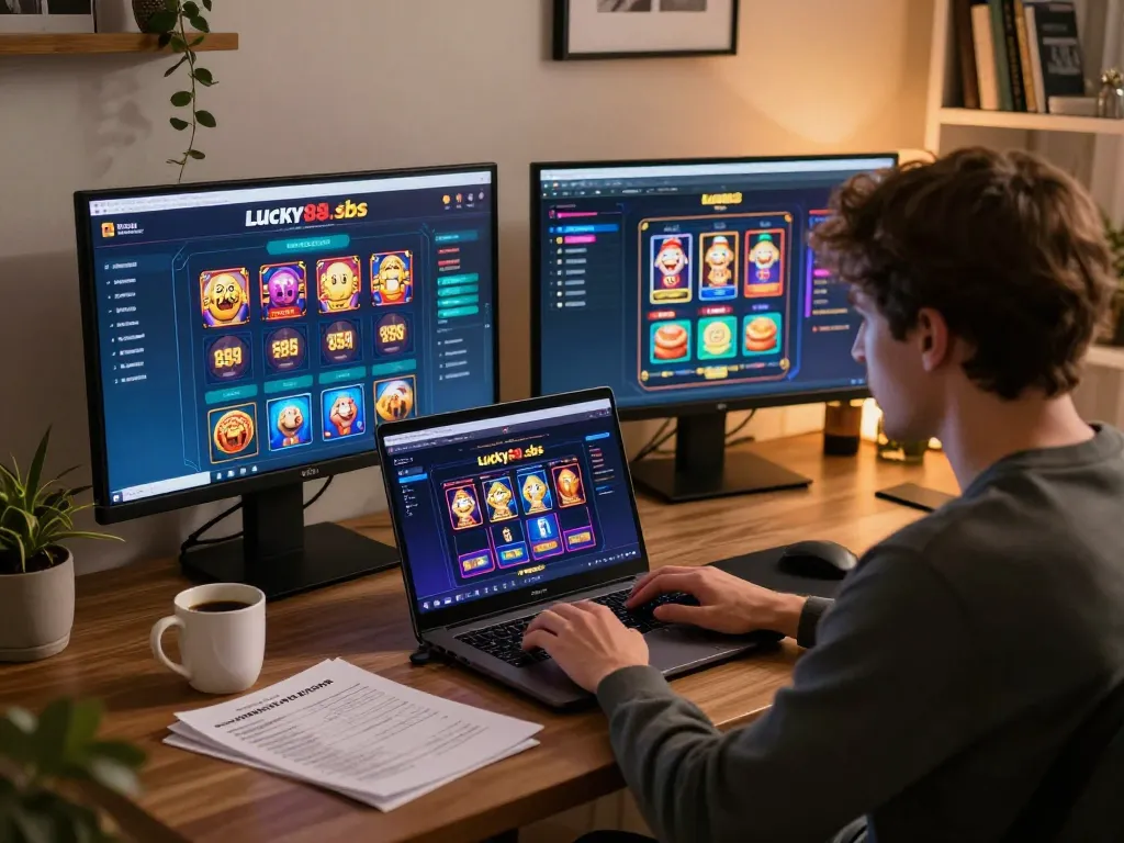 Engaged user interacting with lucky88.sbs online casino on laptop while managing betting strategies