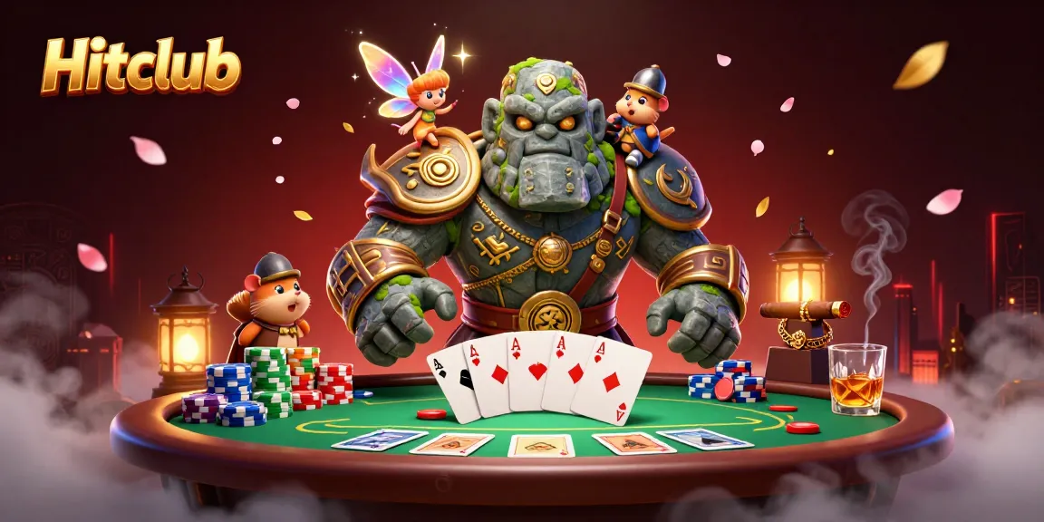 Hitclub showcases a dynamic scene with a golem guardian at a poker table, sparking magic and excitement.