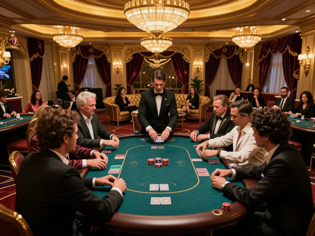 Engaged players strategize their hands at a luxurious LLwin poker table in an upscale casino setting