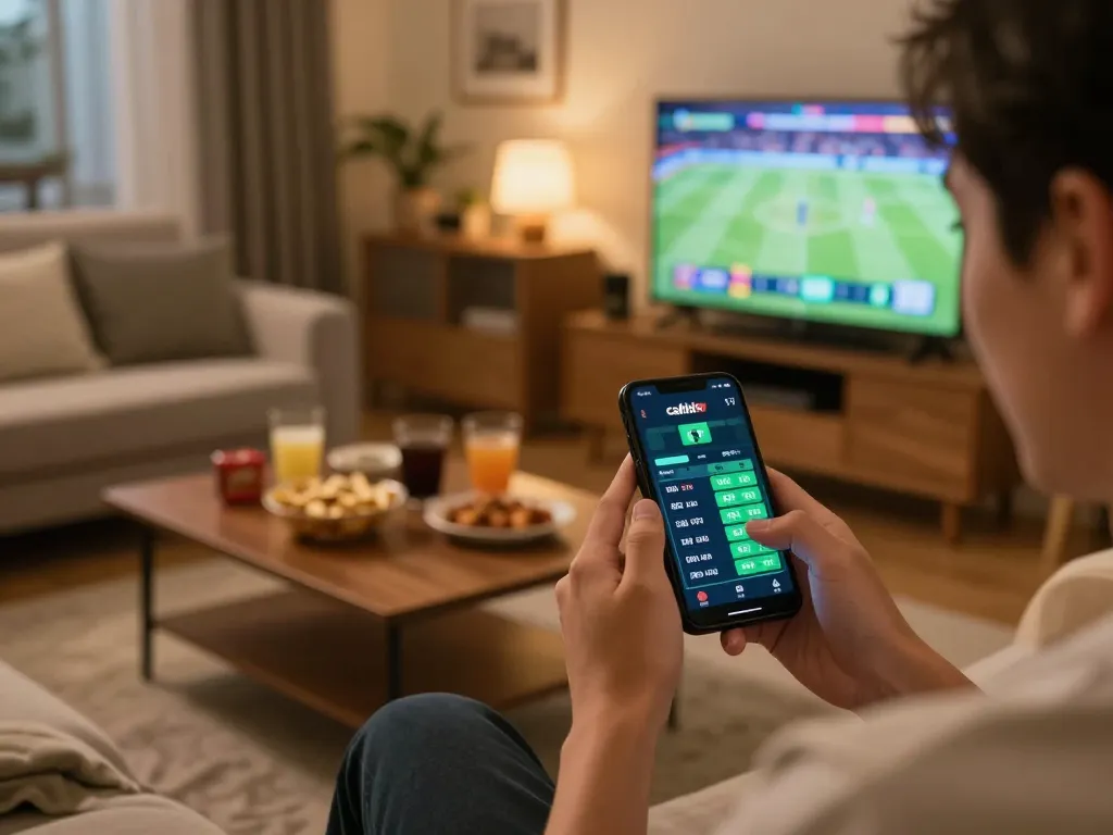 Engaged viewer tracking live sports on cakhia tv during an exciting home betting session.