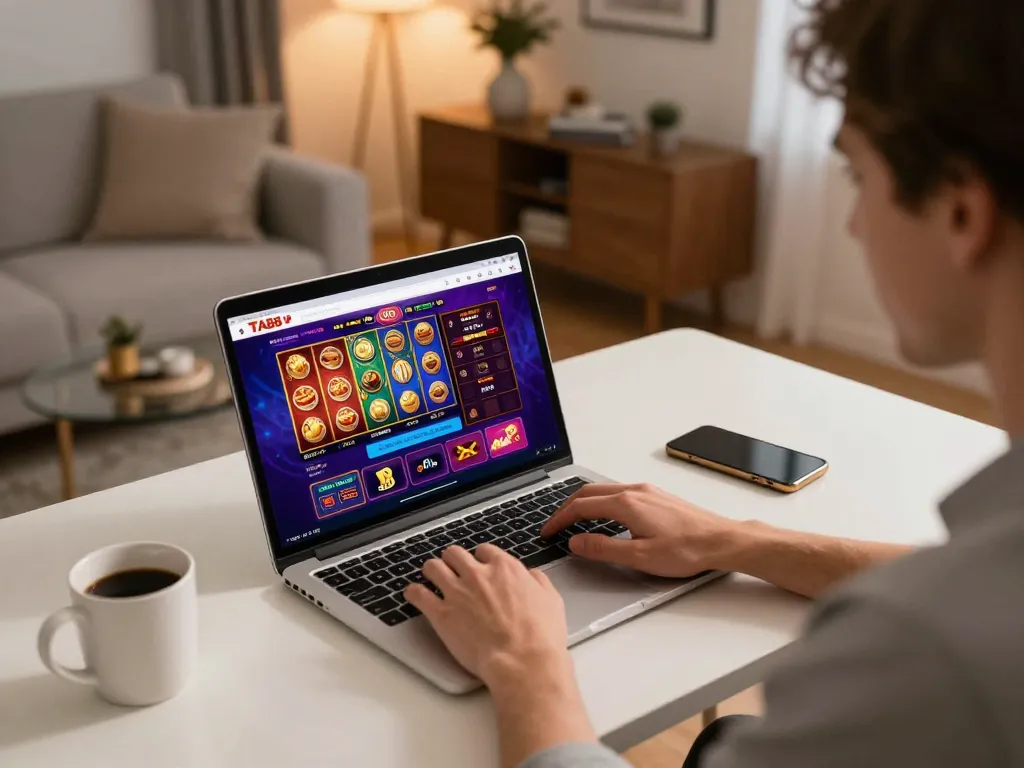 Engaging user experiencing online gaming at TA88 with laptop and vibrant game interface