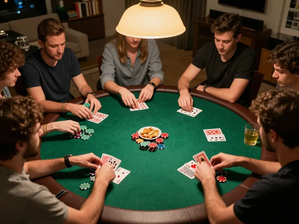 Players engaging in a strategic poker game at home, showcasing the thrill of MB66-style gambling.