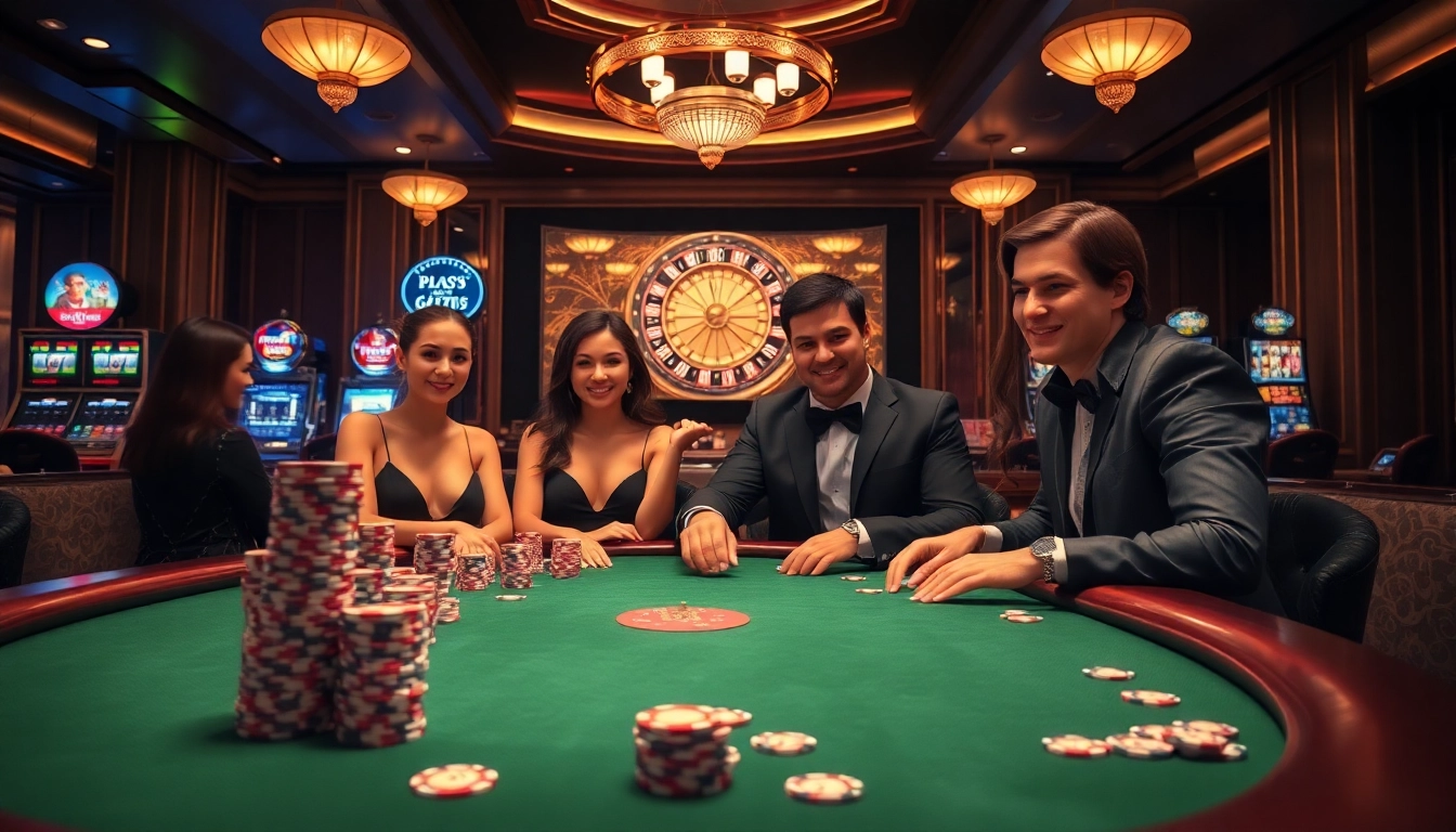Excited players at KK55's luxury poker table in a vibrant casino scene.