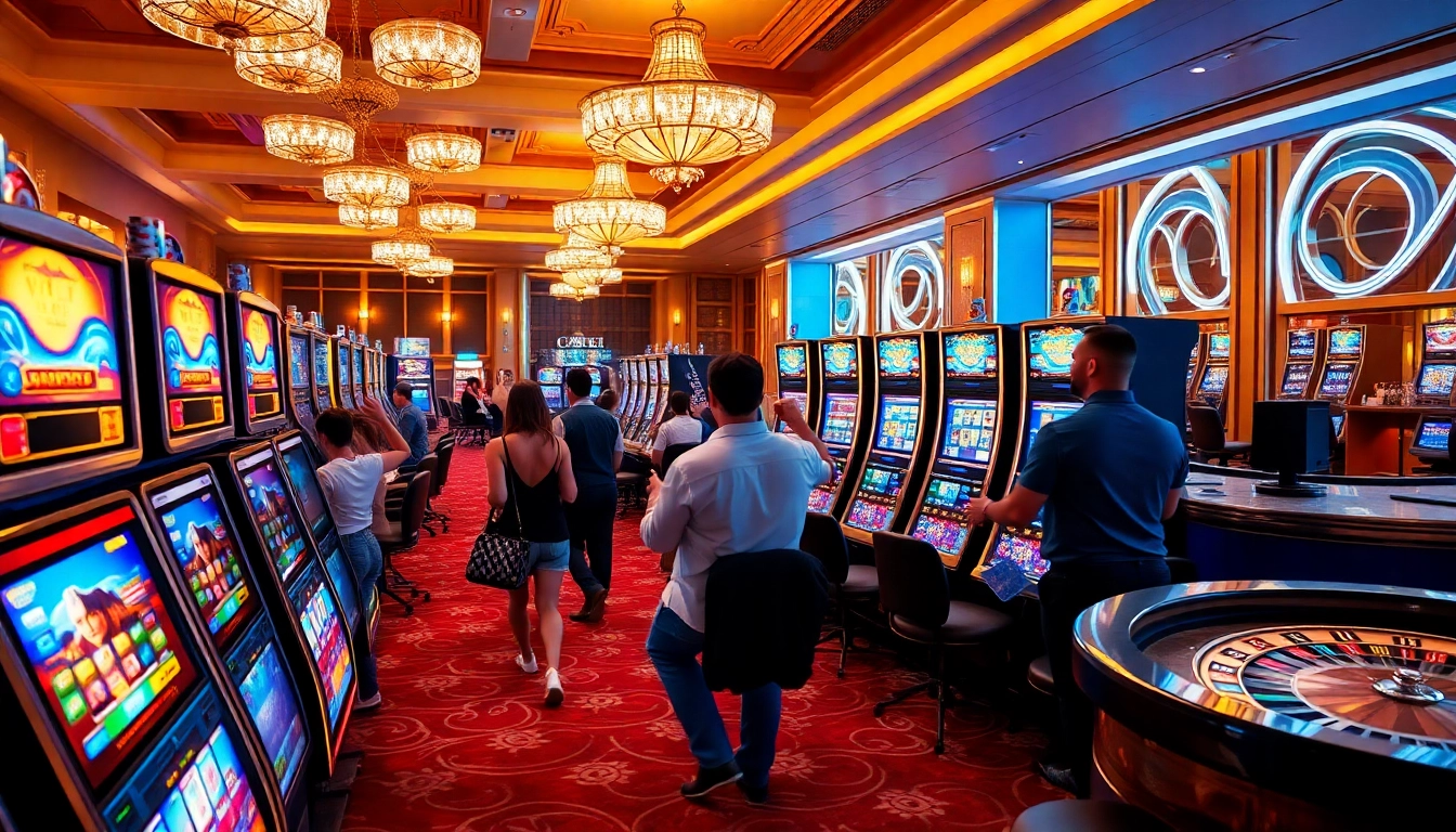 B52 slot machines buzzing with excitement as players celebrate wins in a luxurious casino scene.
