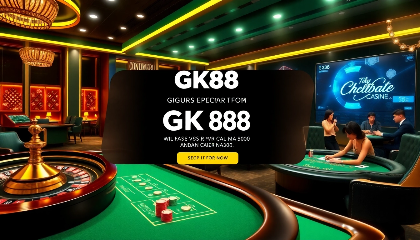 GK88 online gambling interface featuring poker, roulette, and a vibrant casino setup.