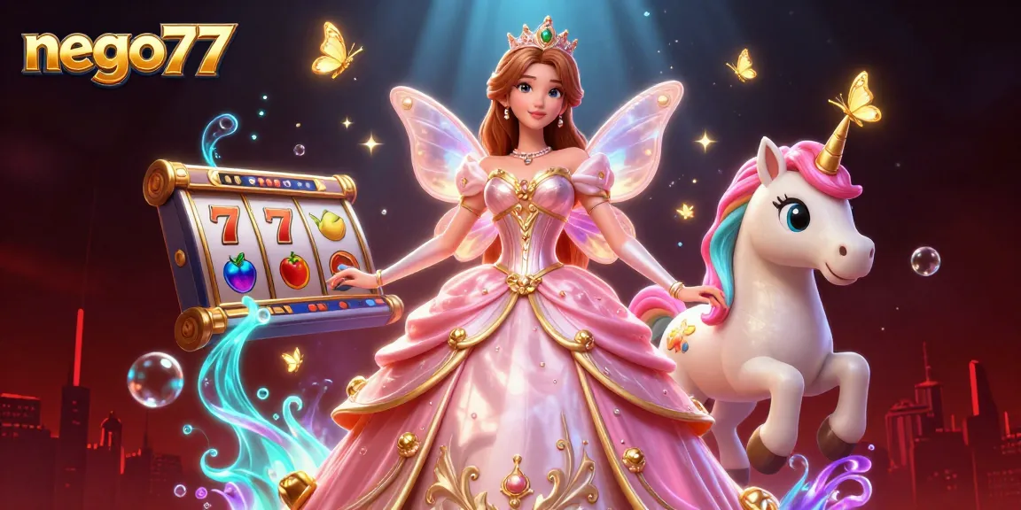 gamble with nego77 in a vibrant 3D casino scene featuring a glamorous princess and golden elements