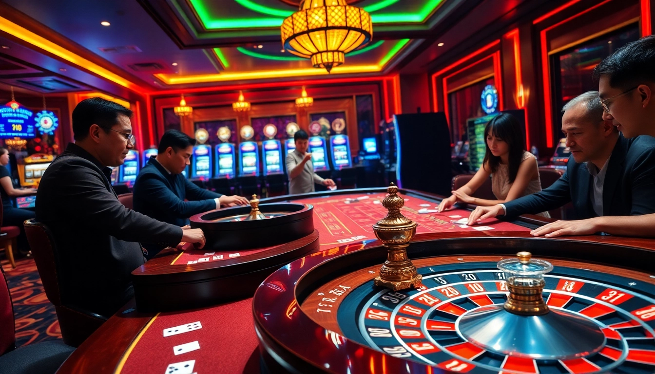 TT88 casino players engage in an exciting game at a vibrant gaming table, showcasing poker chips and cards.