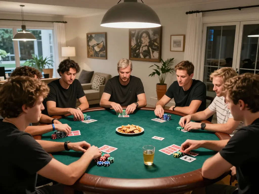 Friends enjoying a lively poker night at home, showcasing lc88 my gaming excitement and strategic ambiance.