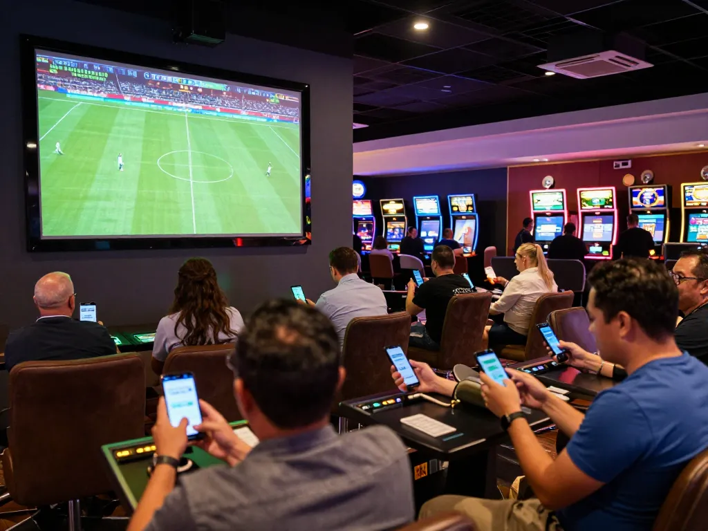 Engaged bettors placing kèo bóng đá bets while watching a live match in an exciting casino atmosphere