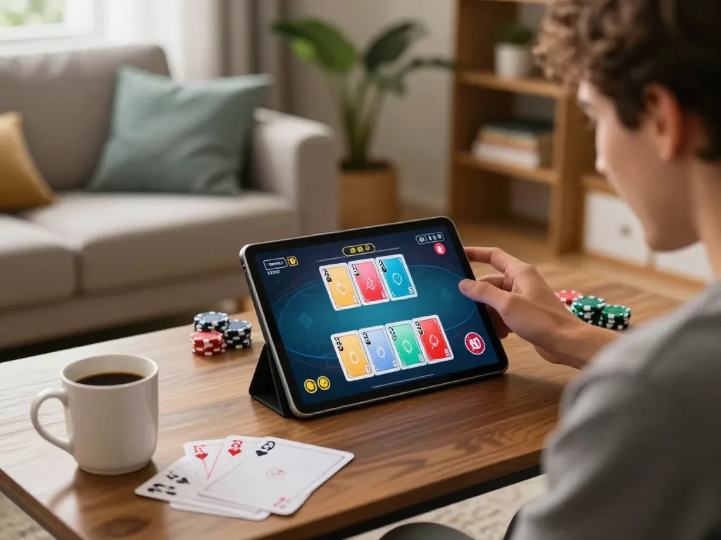 Engaging player using tablet for online poker at home while exploring link ok365 for better odds