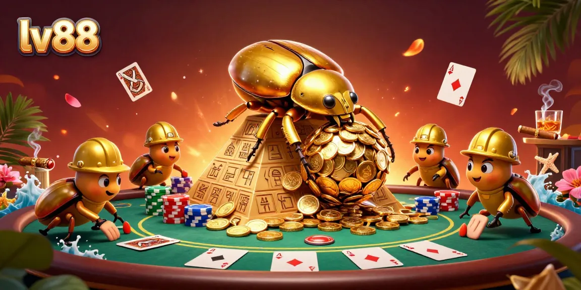 lv88 showcases a massive golden dung beetle rolling coins in a vibrant casino environment full of poker elements.