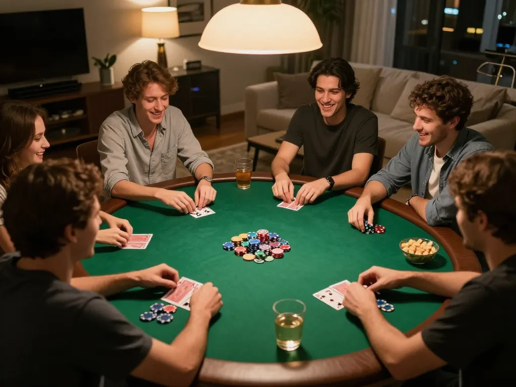 Engage in strategic gameplay with friends using the Link vào Vk88 app, enjoying a lively poker night atmosphere