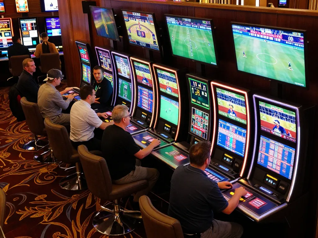 Excited bettors placing wagers at tx88 sports betting venue, showcasing vibrant screens.