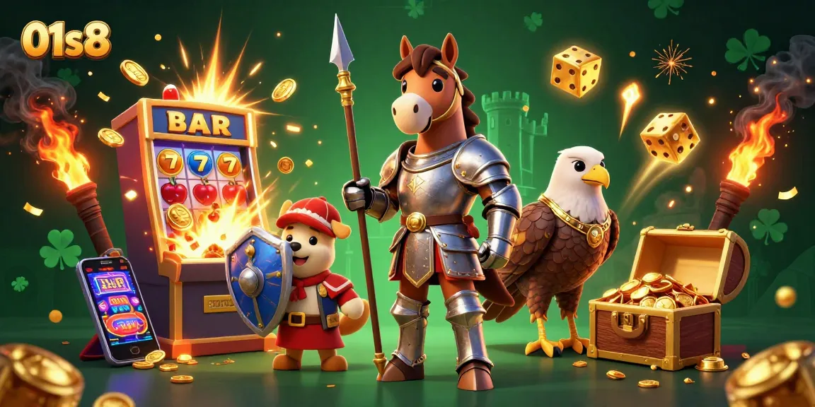 Spin the reels at 01s8 with a dynamic scene featuring knights, epic jackpots, and thrilling casino elements.