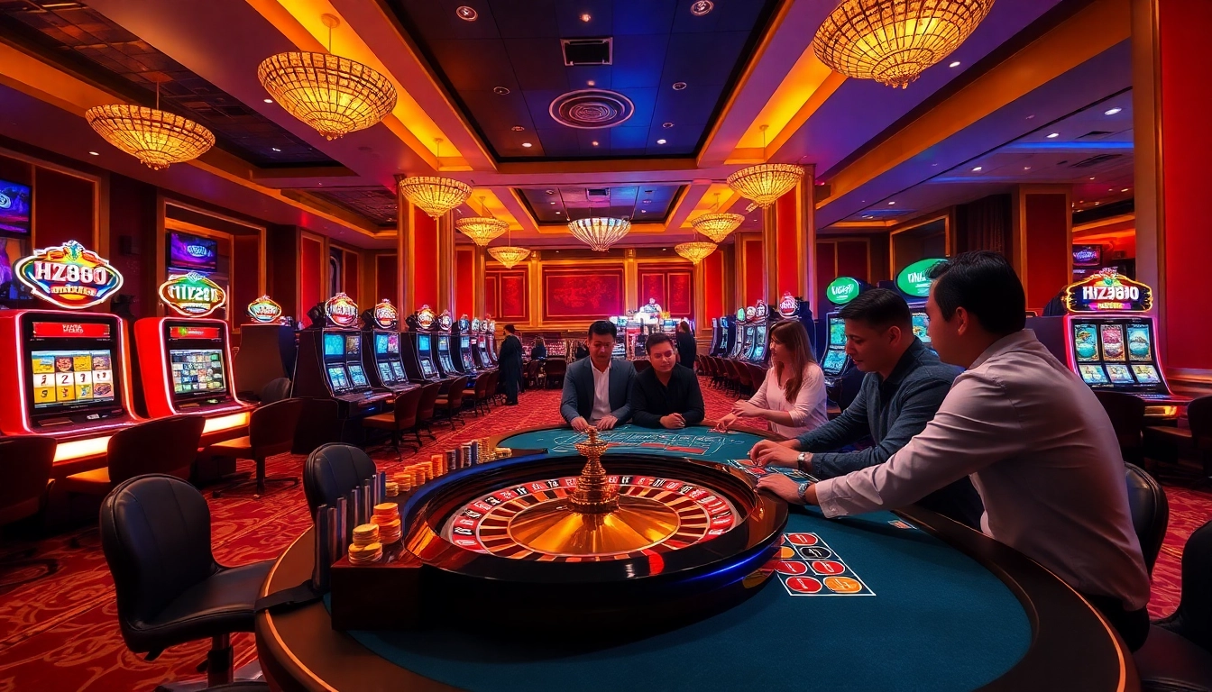 Experience the excitement of HZ88 casino with vibrant gaming visuals, featuring roulette and slot machines.