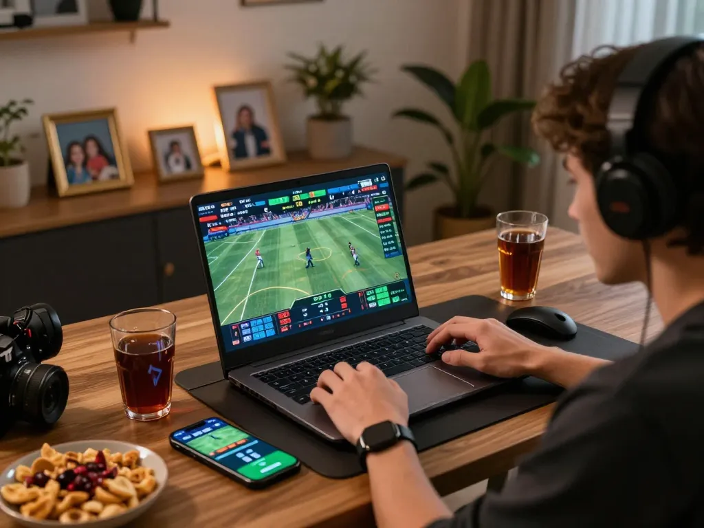 Fabet player engaging in strategic sports betting at home with laptop and mobile apps.