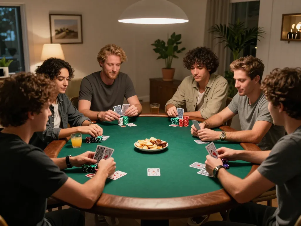 Bu88 poker night with friends enjoying a game, surrounded by chips and snacks in a cozy atmosphere