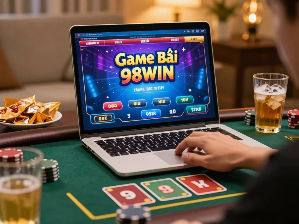 Engaging moment of Game Bài 98WIN gameplay on a laptop, emphasizing strategic online betting.