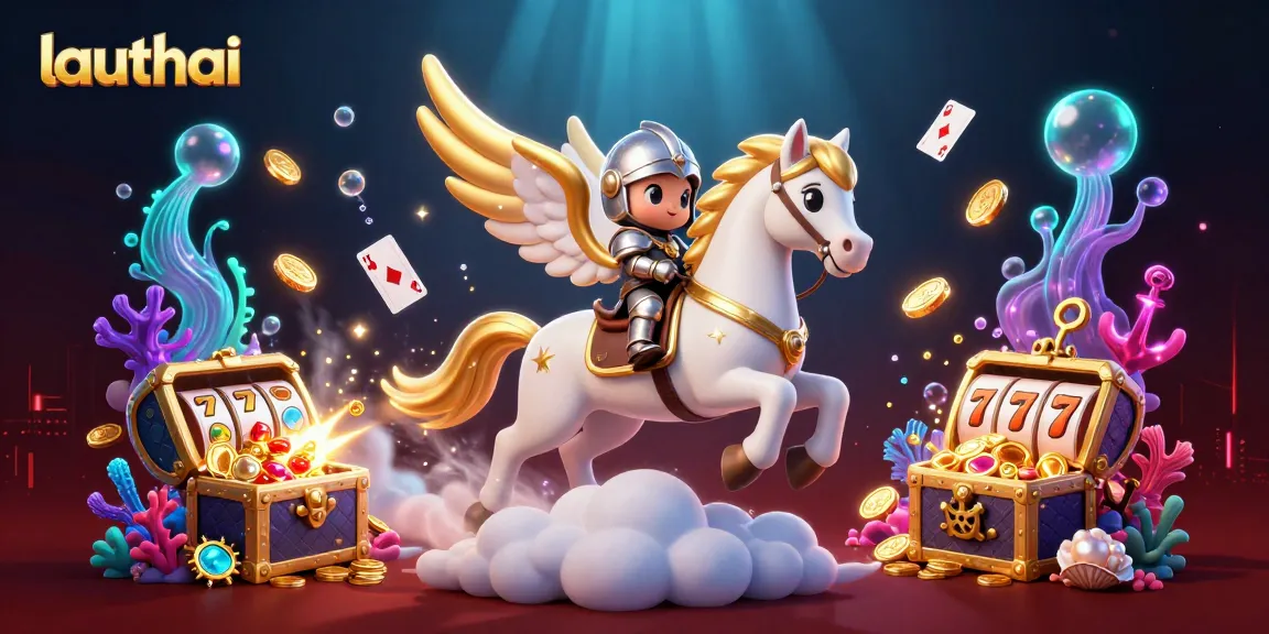 Engage with lauthai's vibrant casino-themed scene featuring slot reels, stardust, and golden treasures.