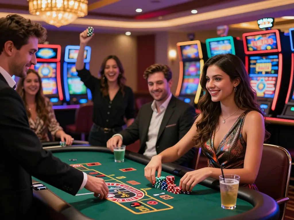 Engaging casino gaming experience at BJ888 OGAKE, showcasing players enjoying vibrant slot machines and table games.