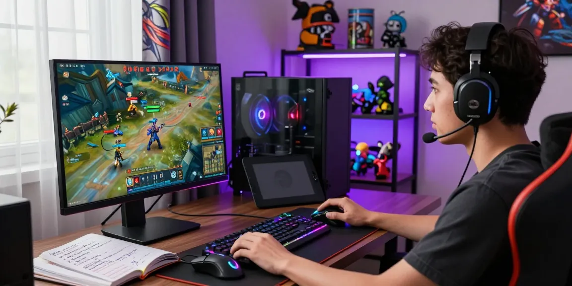 Engaged gamer exploring LINK MMOO in a vibrant gaming setup with collectibles and high-tech gear.