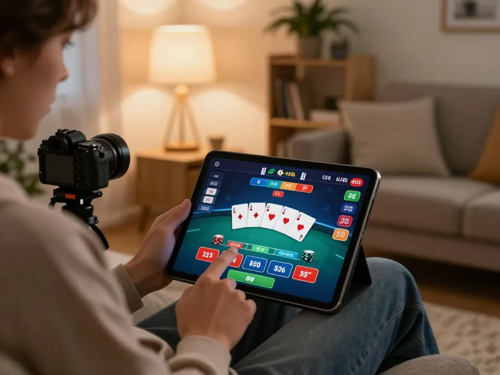 Kubet player engaging in online poker from a cozy living room, showcasing strategic play on tablet.