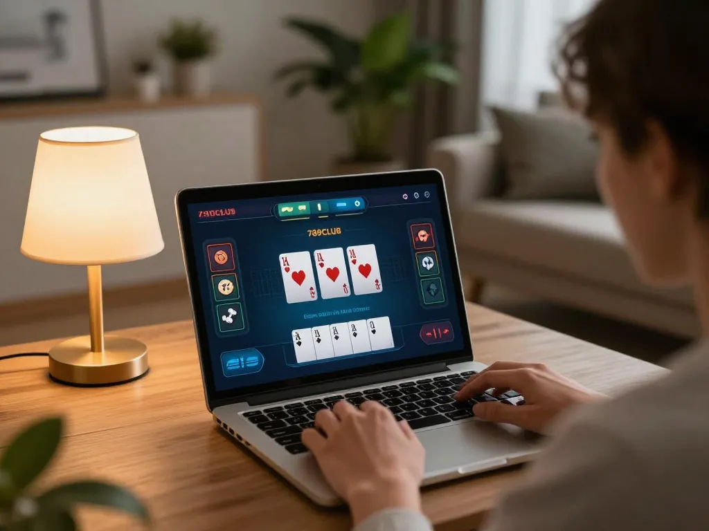 Player engaging with 789CLUB online gaming interface in a cozy home environment.