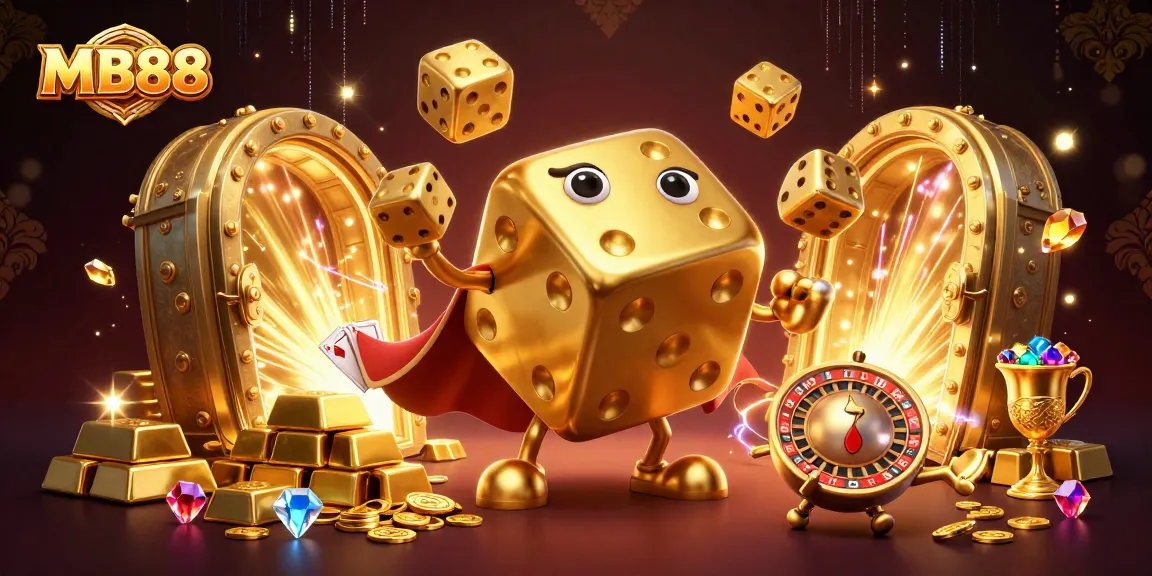 Engage with MB88’s casino universe, showcasing golden dice, treasures, and vibrant game elements.