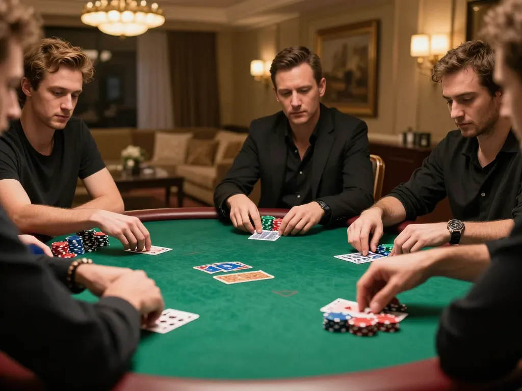 Players engaged in a competitive poker game at home, showcasing the online casino experience of tx88 com through focused card play and strategy.