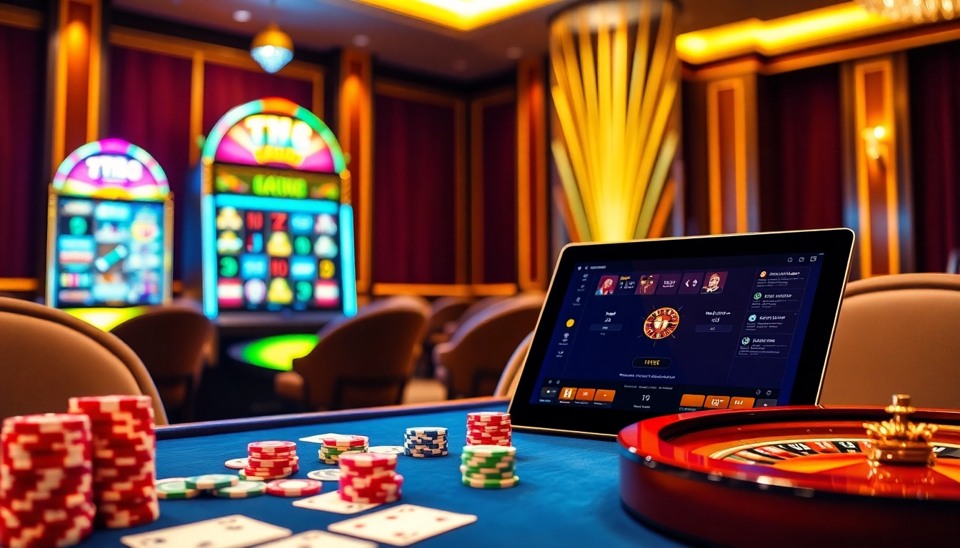 Experience high-stakes gaming at nhà cái tt88 with a vibrant casino scene featuring tables and colorful chips.