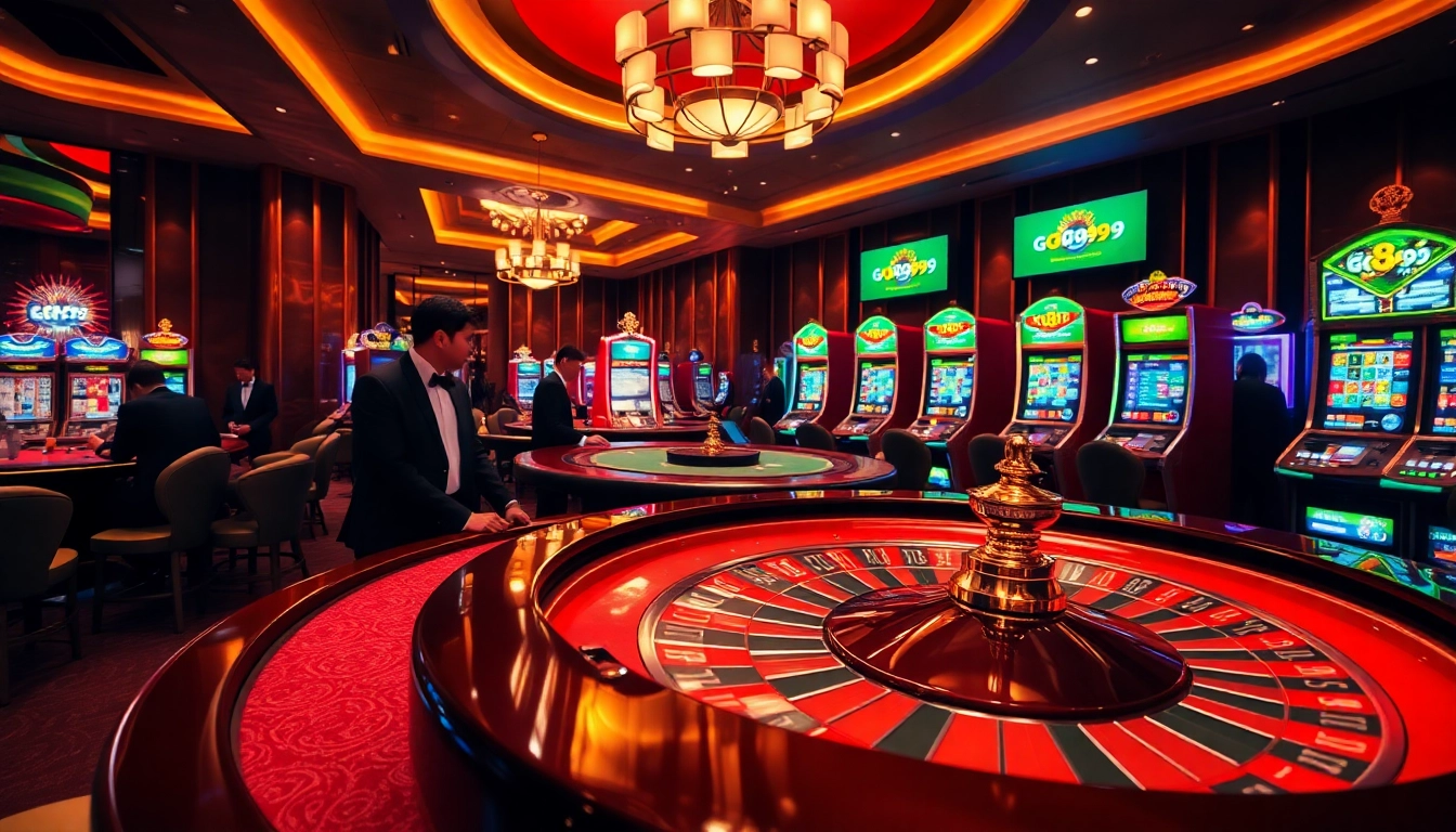 Players enjoying exciting games at https://go999.in.net/ casino with vibrant slot machines and poker tables.