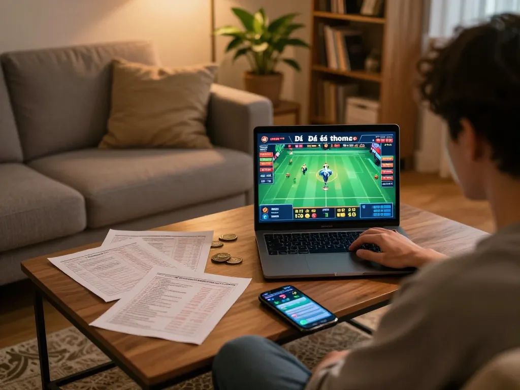 Engaging moment of a player enjoying Đá gà thomo live betting action on a laptop from the comfort of home.