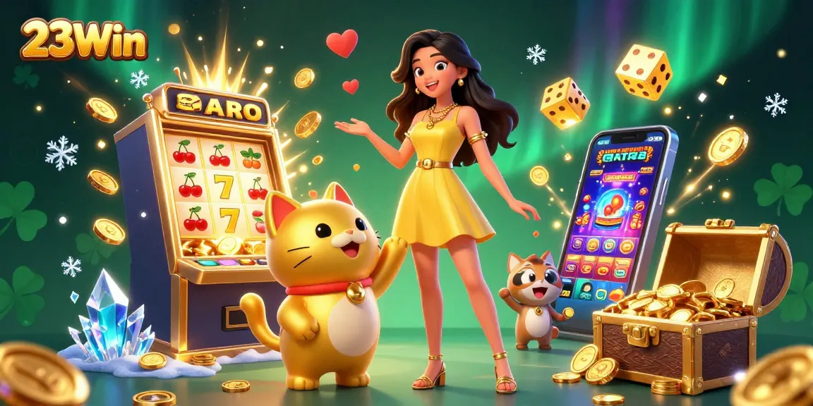 Play thrilling games at 23Win, featuring a joyful Asian woman and golden lucky cat amidst a jackpot explosion.