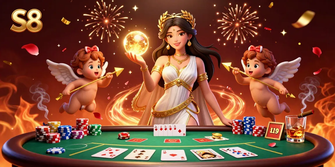 S8 showcases an enchanting casino illustration with a goddess, Cupid cherubs, and dynamic poker elements attracting players.