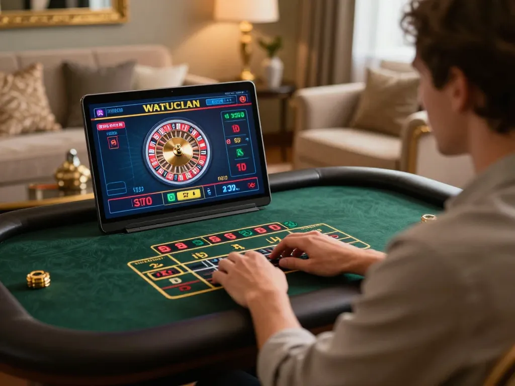 Playing roulette online at home with F1688 on screen, showcasing strategic betting and immersive experience.