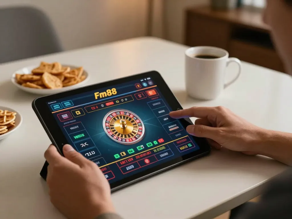 Player engaging with Fm88 online roulette game on tablet in a cozy home setting.