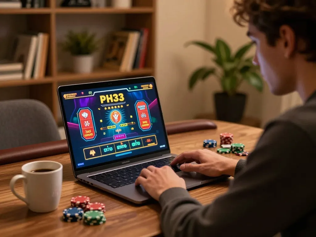 Player enjoying the excitement of online gaming at PH33 with strategic focus and a vibrant game display.