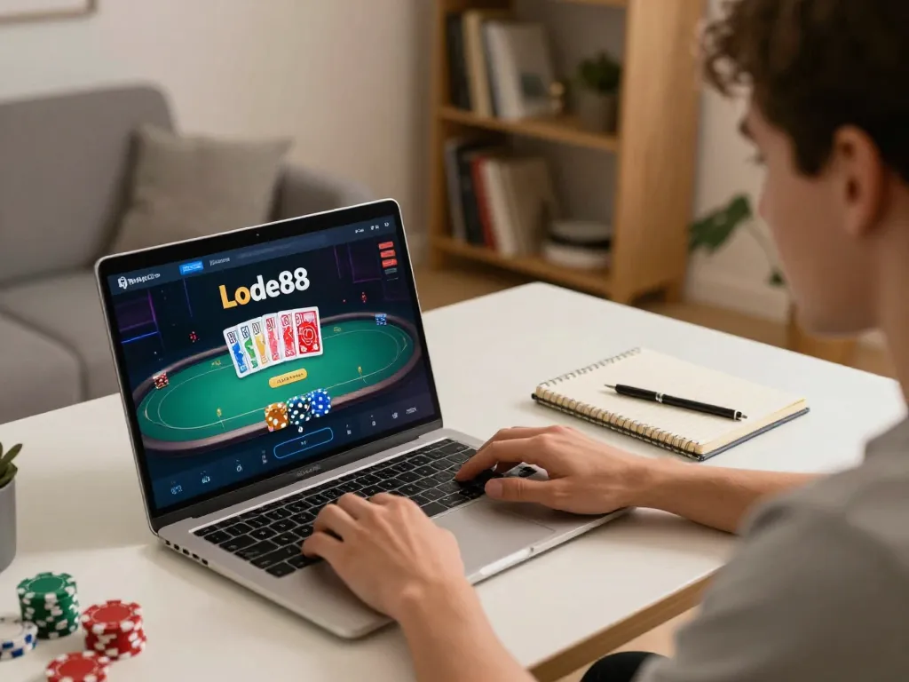 Lode88 player engaging in poker gameplay at home with strategic notes and vibrant chips