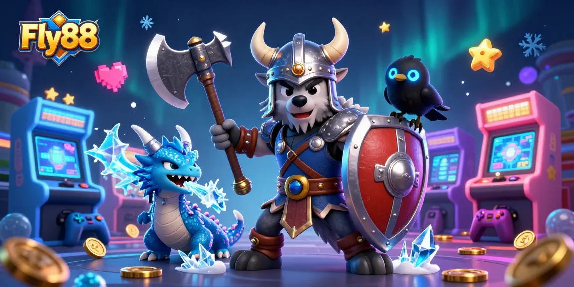 Fly88 showcases epic gambling adventures with a Viking wolf warrior, fierce dragon, and arcade elements in a vibrant scene.