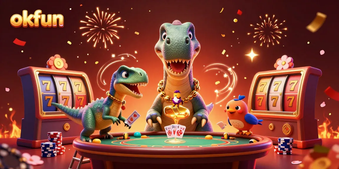 Engage with okfun's vibrant slots scene featuring a towering brontosaurus and lively gambling elements.