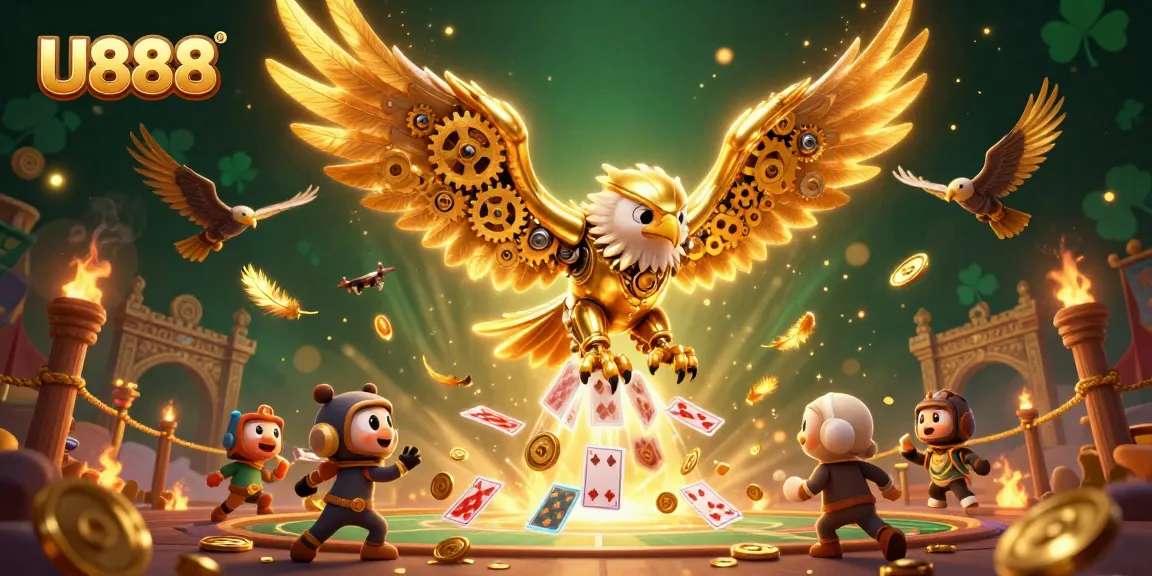 U888 elevates your gaming with a 3D cybernetic eagle diving through holographic cards and golden coins.