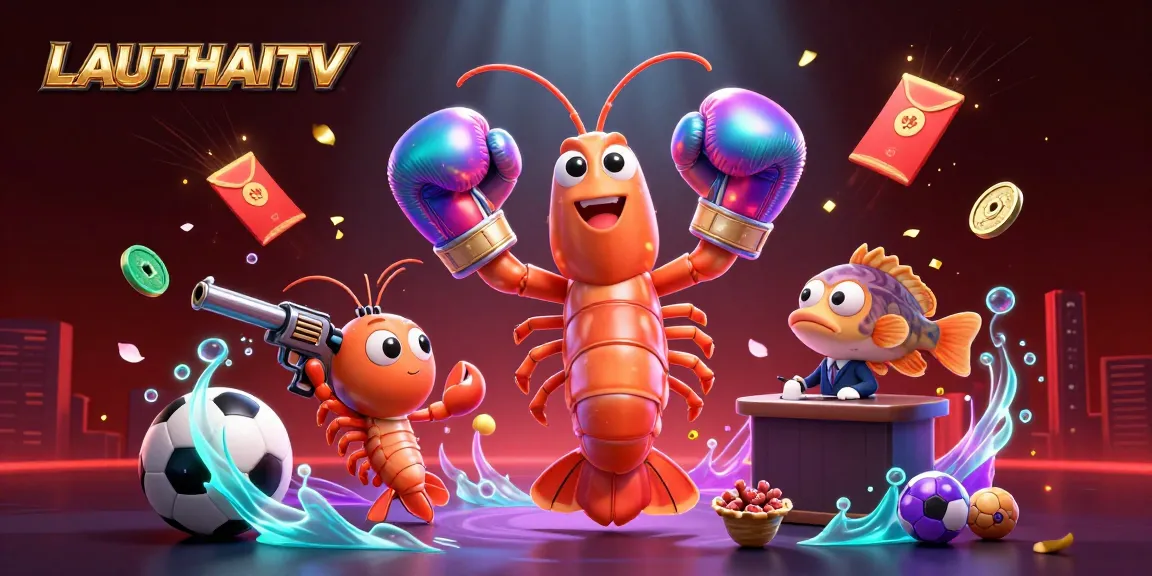 LAUTHAITV showcases a vibrant 3D illustration of shrimp characters amidst dynamic sports elements, enhancing the betting experience.